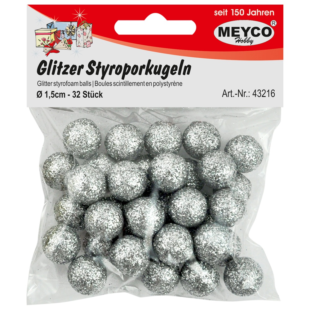 Glitzer-Styroporkugeln 32 Stück silber 15 mm