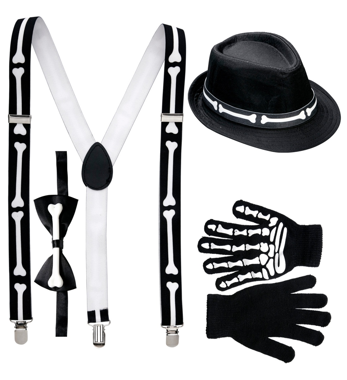 Kostüm Set Skelett ( Hosenträger, Fliege, Handschuhe & Hut )