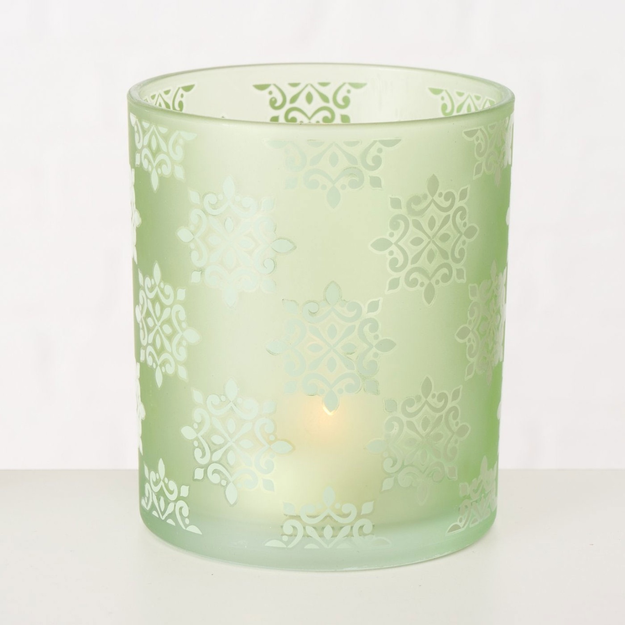 Glas Windlicht Zitronella grün Barockmuster H 10 cm