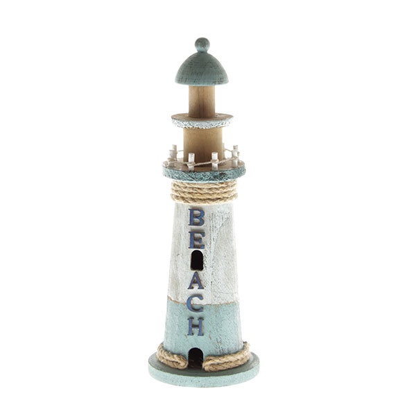 Deko Holz-Leuchtturm rustikal blau/weiß 41 cm