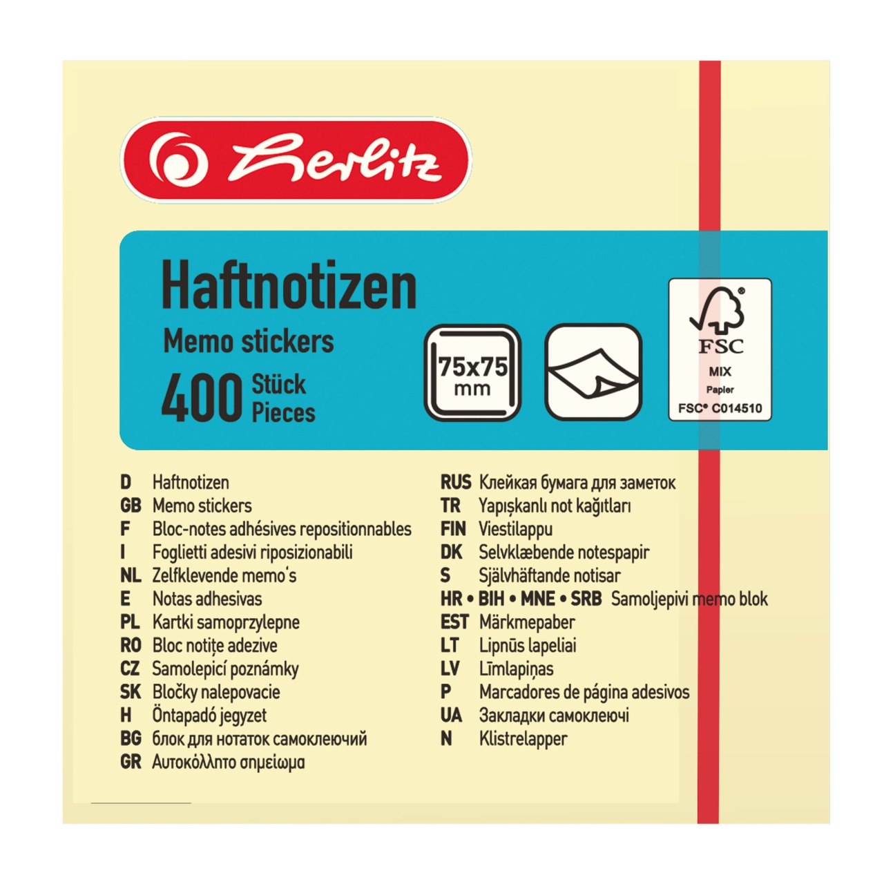 Herlitz Haftnotizblock 75x75 mm 400 Blatt gelb