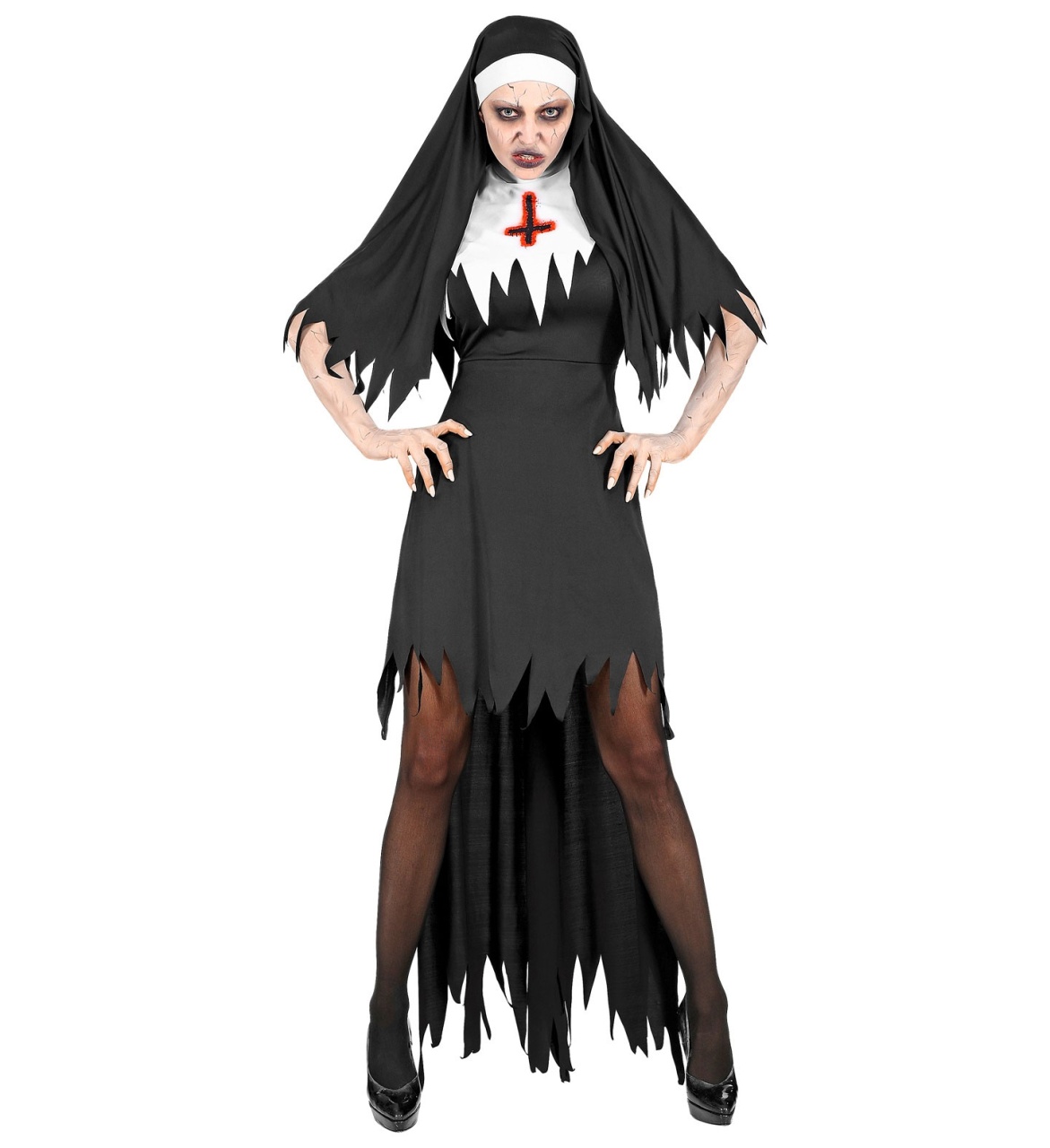 Kostüm Horror Nonne Gr. XS ( Kleid mit Rock, Haube)