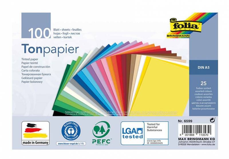 Folia Tonpapier A5 100 Blatt in 25 Farbem sortiert