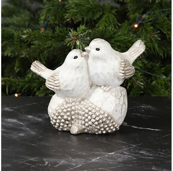Deko Keramik-Vogelpaar auf Eichel silber geflockt