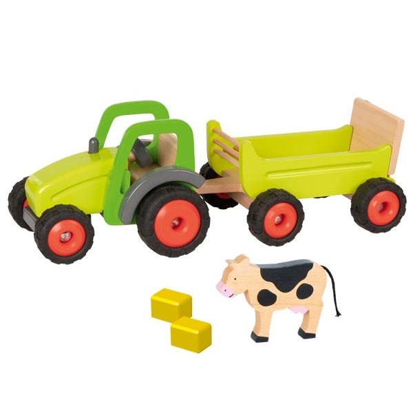 Goki Traktor mit Anhänger inkl. Kuh, Strohballen