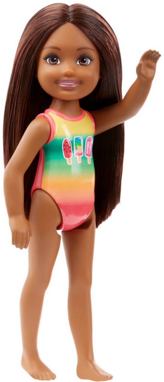 Barbie Chelsea Beach Puppe braune lange Haare Badeanzug