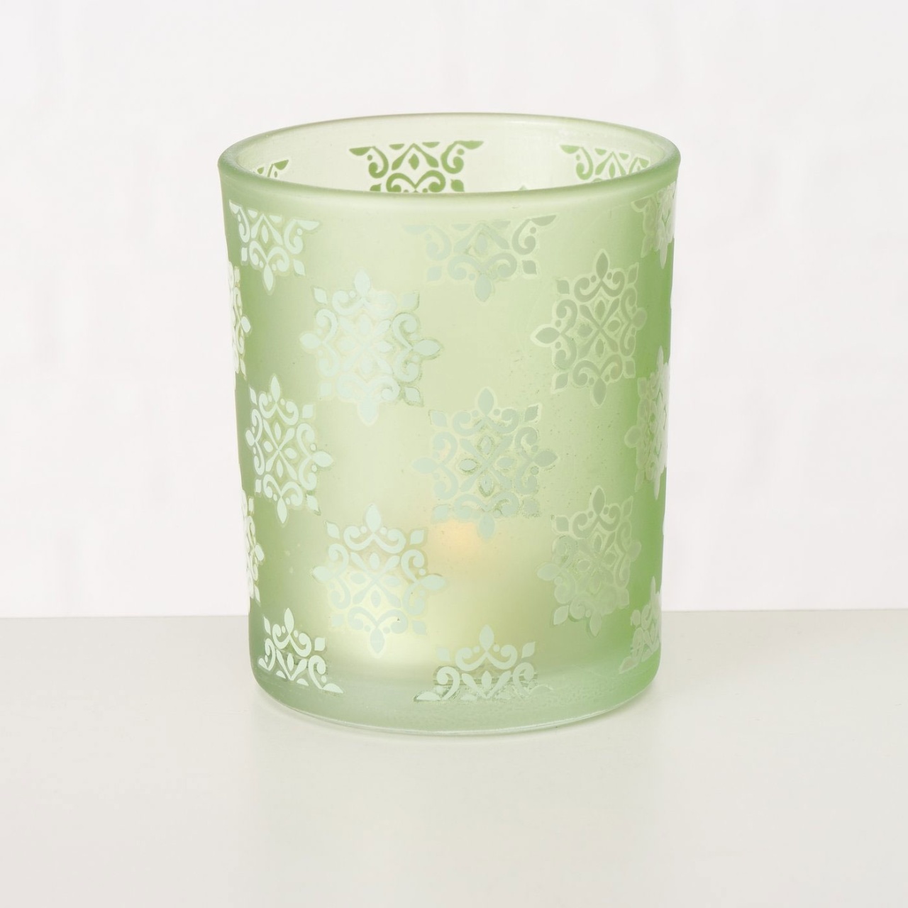 Glas Windlicht Zitronella grün Barockmuster H 8 cm