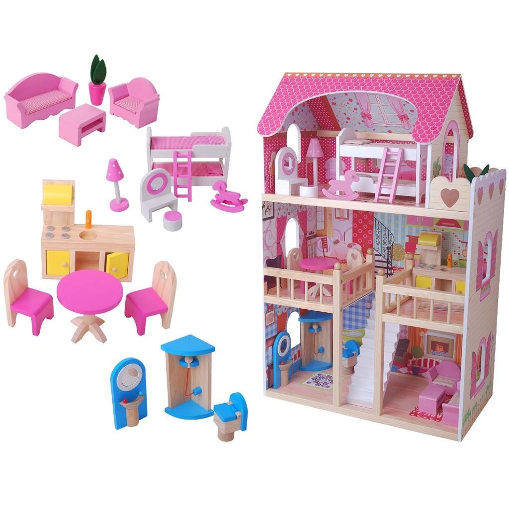 Holz-Puppenhaus mit Puppenhaus-Möbel gefüllt