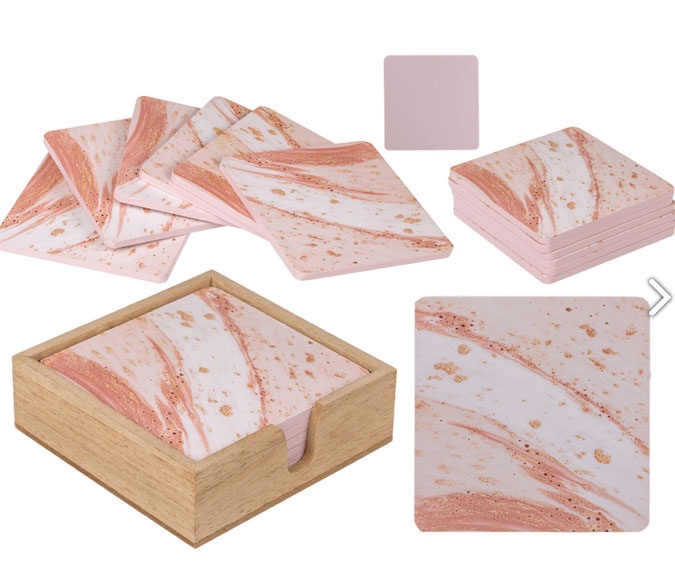Holz-Untersetzer in Box rosa/goldfarben 6 Stk.