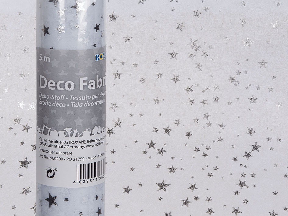 Deko-Stoff weiß mit silberfarbenen Sternen 30cmx5m Dekostoff