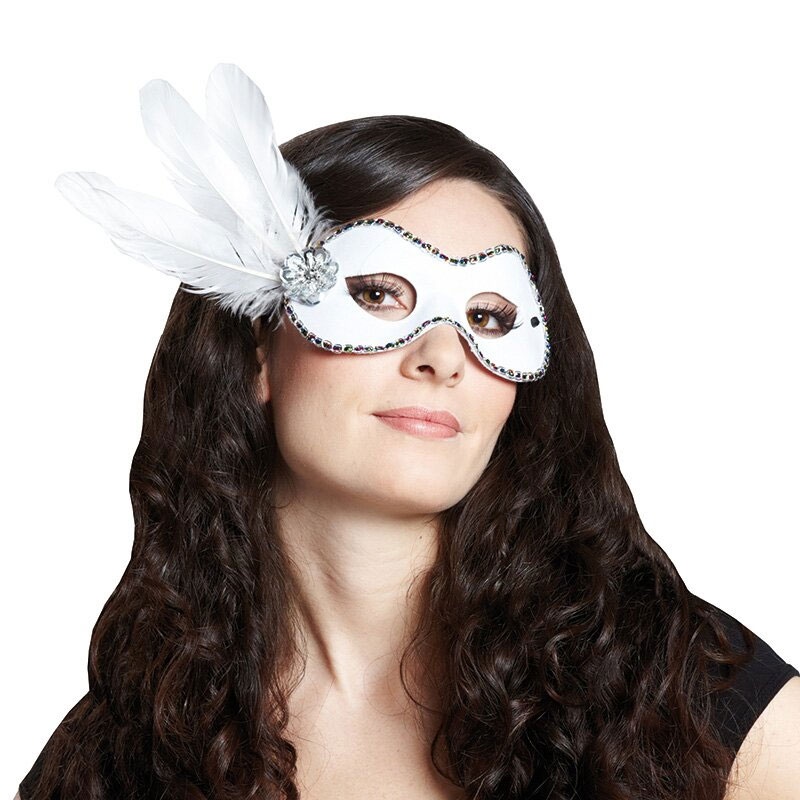 Kostüm-Zubehör Domino mit Federn weiß Augenmaske