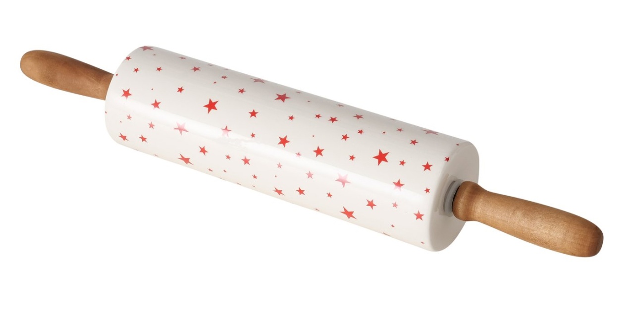 Nudelholz Teigrolle weihnachtlich mit roten Sternen Keramik
