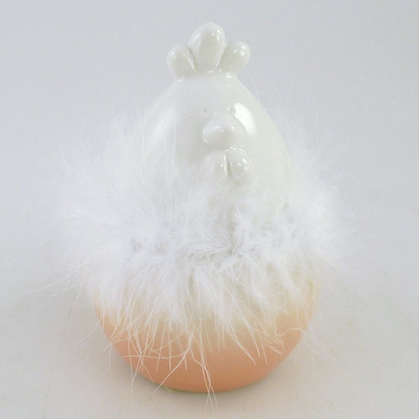 Deko Porzellan-Huhn weiß/apricot mit Federboa 9,5 cm