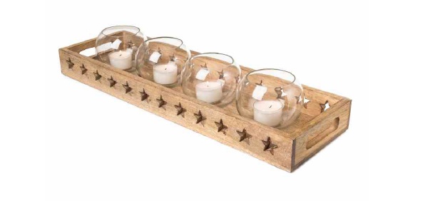 Teelichttablett Kerzentablett & 4 Teelichtgläser Sterne Holz