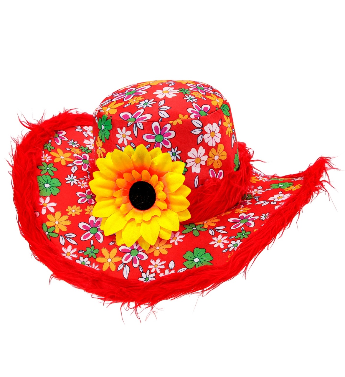 Kostüm Zubehör Hut Ibiza mit Plüschrand & Sonnenblume rot